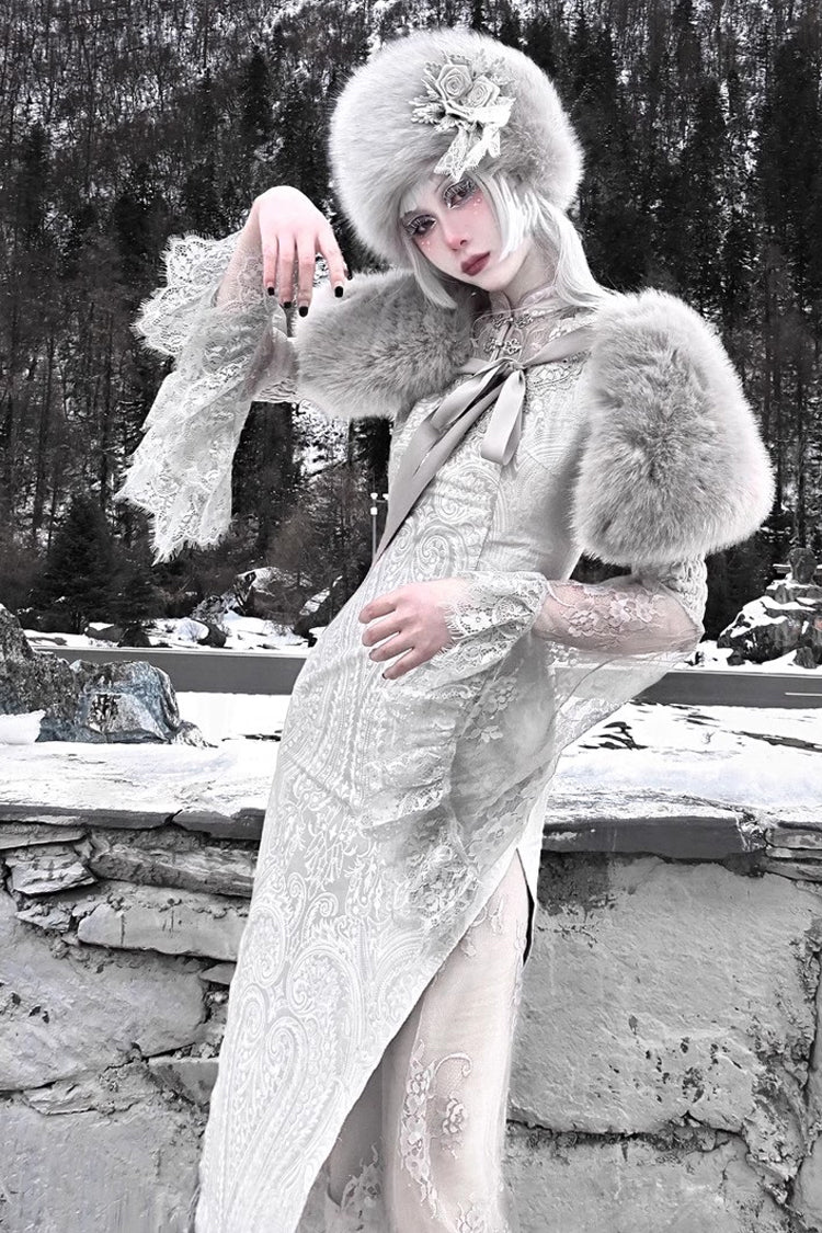 Silver The Call of the Snow Country V Collar Long Sleeves High Waisted Ruffle Lace Gothic Lolita Fishtail Dress