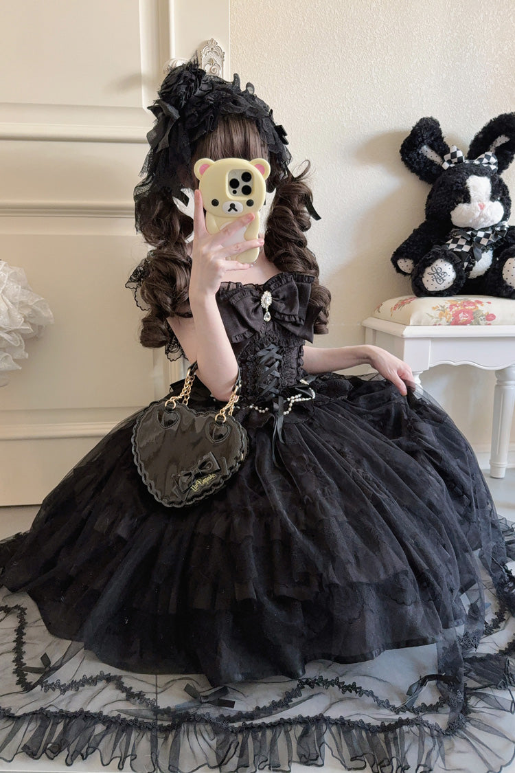 Black Eternal Vow Sleeveless Multi-Layered Ruffle Hanayome Bowknot Lace Lace-Up Gothic Lolita Jsk Dress