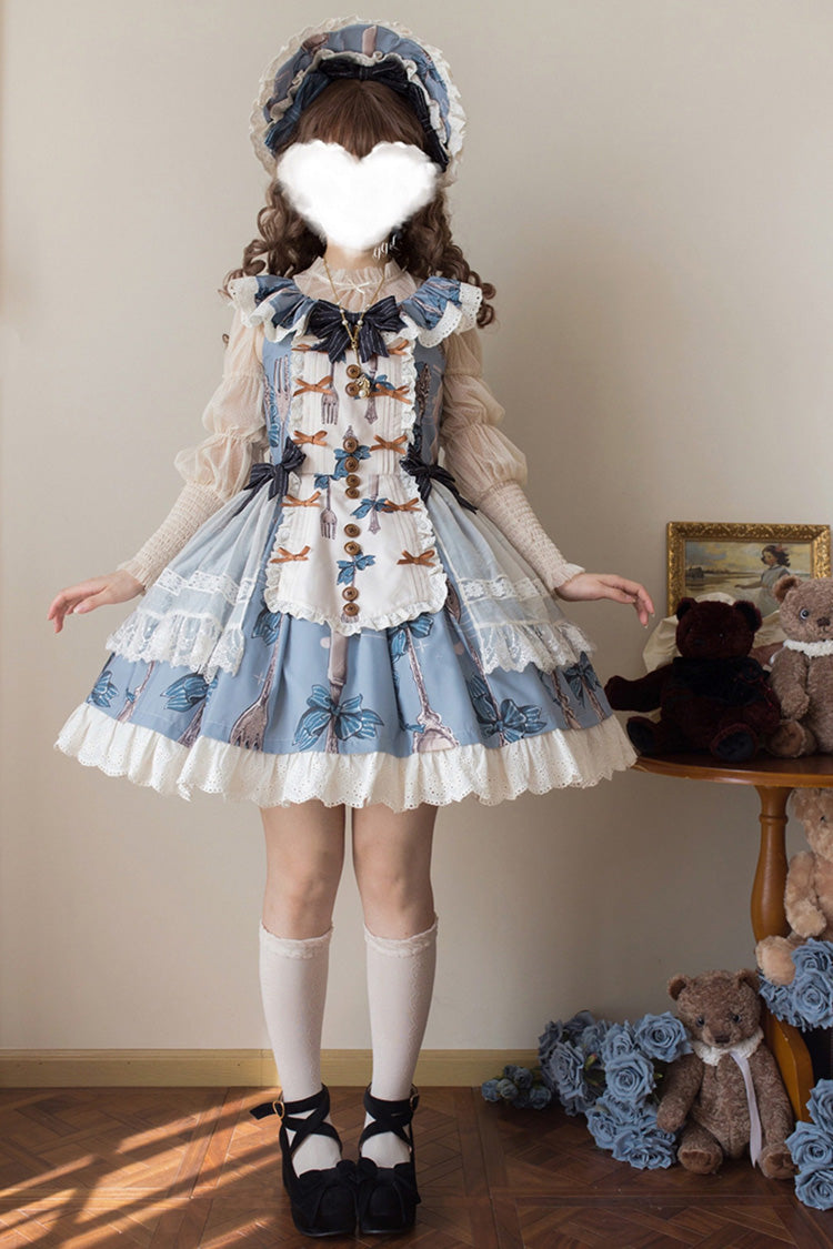 Blue The Witch's Banquet Sleeveless Printed Ruffled Embroidered Bow Lace Sweet Lolita Jsk Dress