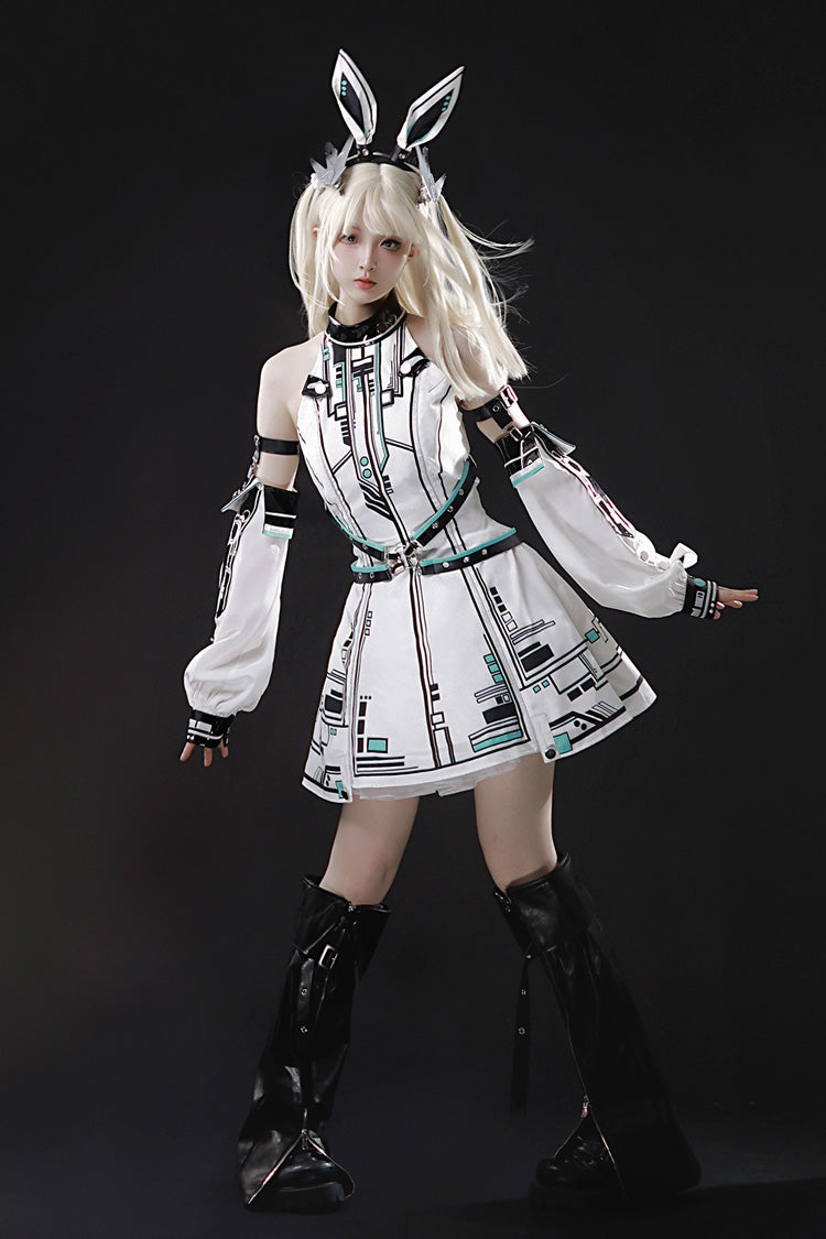 White Mecha Battle Maiden Stand Collar Print Futuristic Style Sweet Handsome Lolita Dress