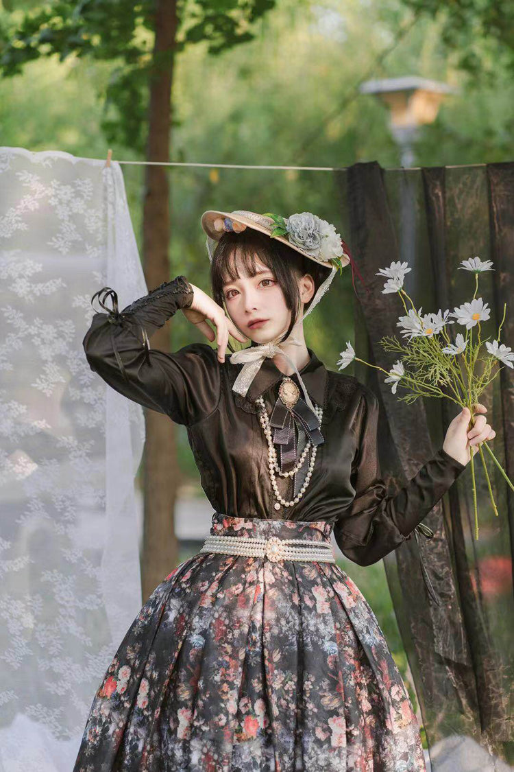 Black Afternoon Tea Floral Printed Ruffled Gothic Lolita Skirt