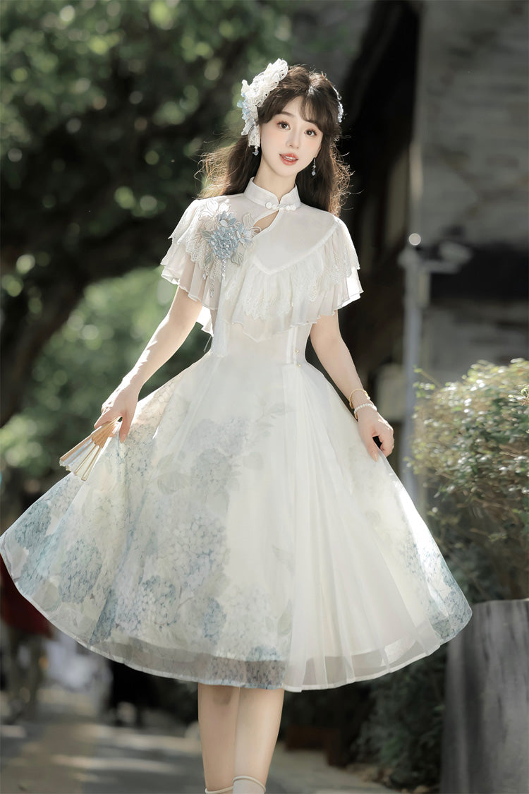 White Hydrangea Message Short Sleeves Print Ruffle Lace Sweet Chinese Style Elegant Lolita Short Dress