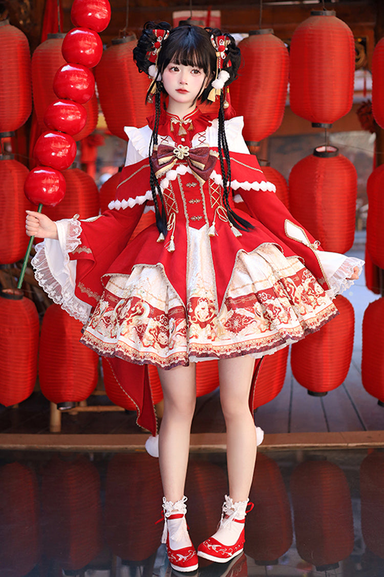 Red New Year Print Ruffle Bowknot Lace-Up Sweet Chinese Style Lolita Jsk Dress