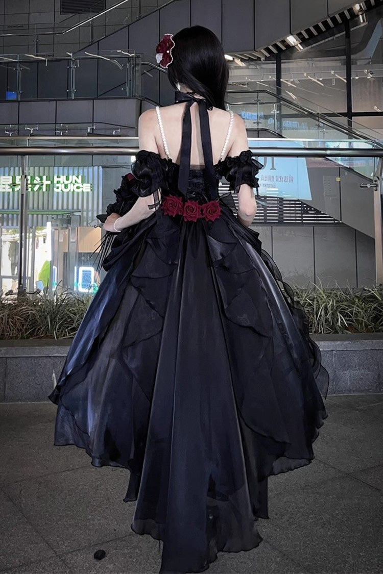 Black Cindy Rose Halterneck Sleeveless Ruffle Bowknot Gothic Elegant Lolita Jsk Dress