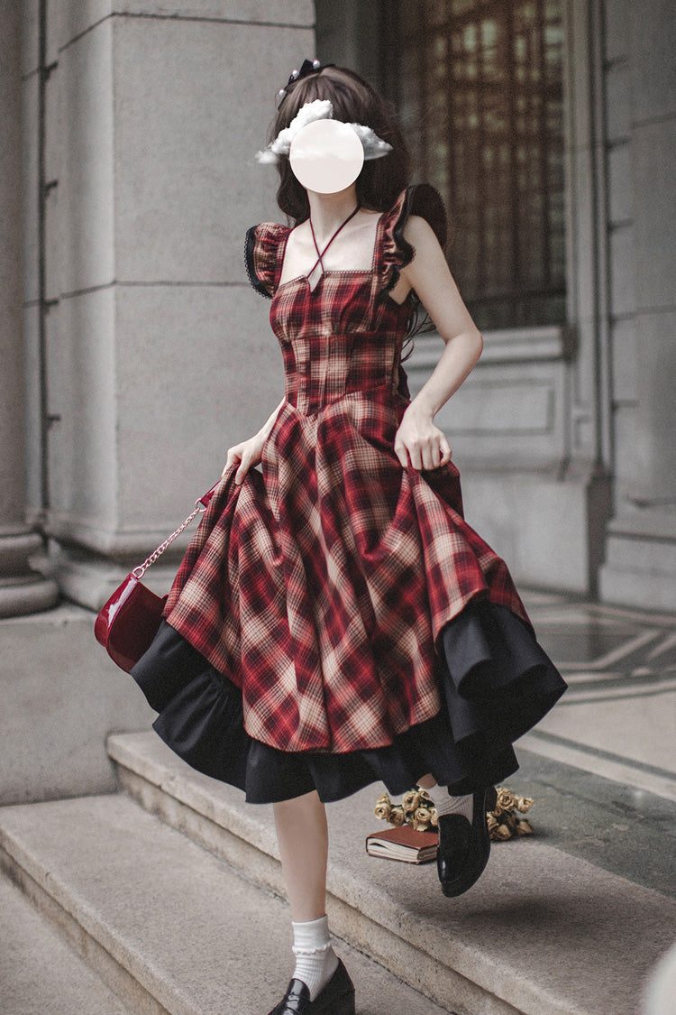 Red Madeline Print Ruffle Vintage Elegant Lolita Jumper Dress