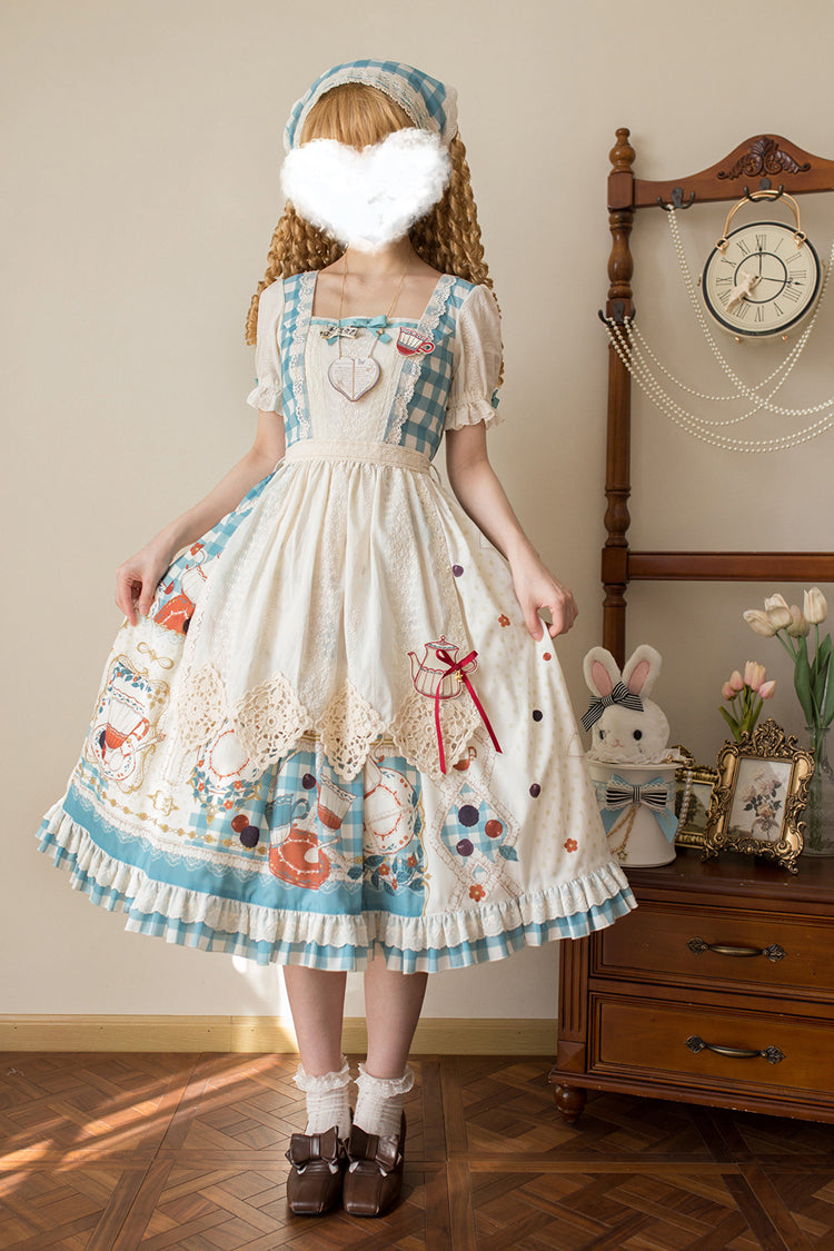 Blue/Green Tea Party Short Sleeves Print Ruffle Bowknot Lace Sweet Elegant Lolita Dress