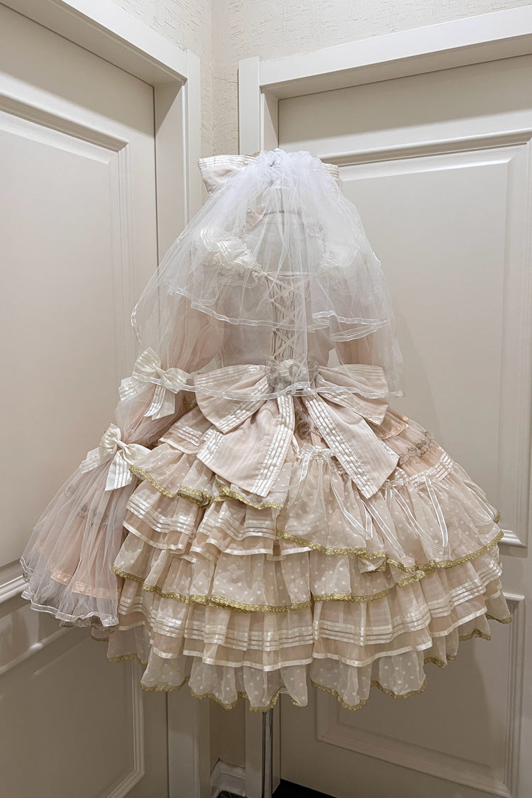 Apricot Coronation Long Trumpet Sleeves Multi-Layered Ruffle Bowknot Lace Sweet Gorgeous Lolita Dress Set