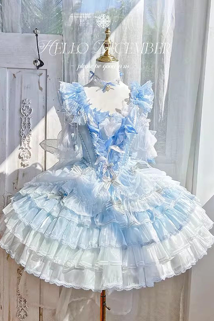 Blue Tulip and Wind Chime Multi-Layered Ruffle Bowknot Lace Sweet Gorgeous Lolita Jsk Dress