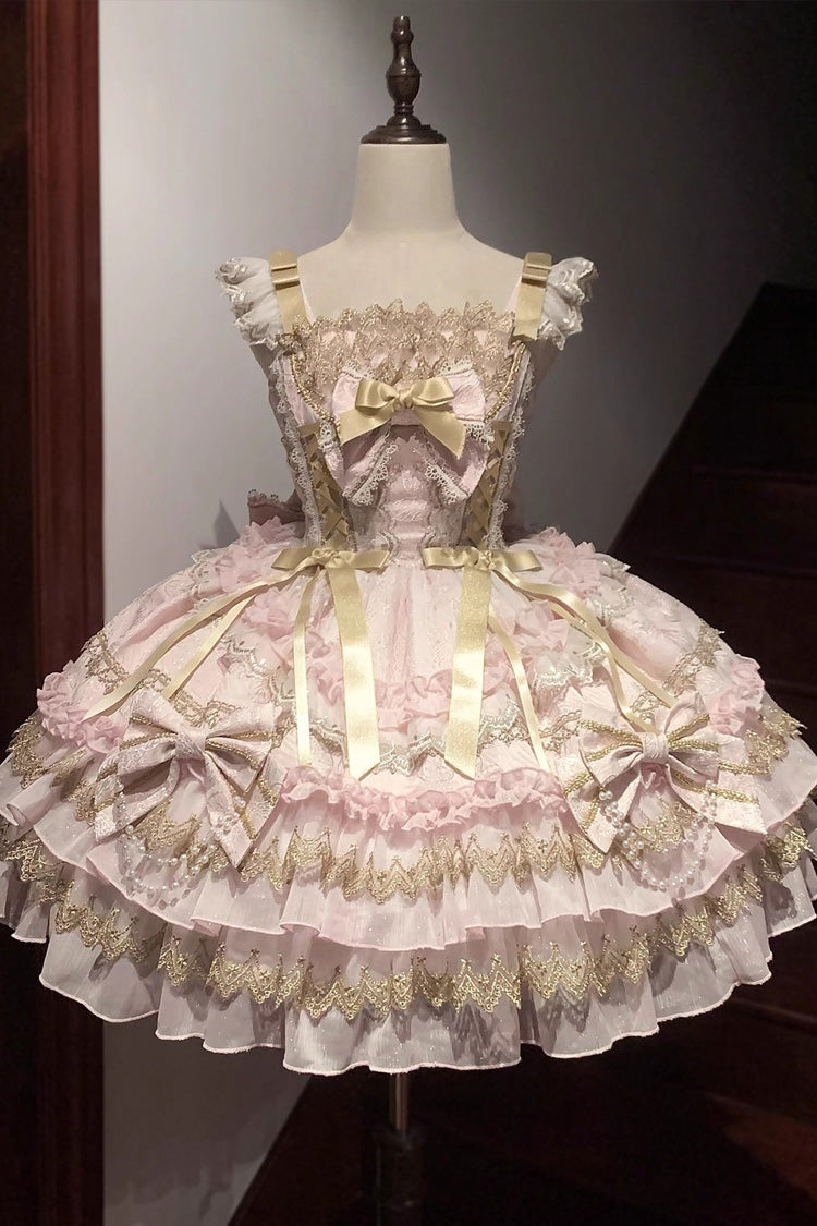 White Gilded Memories Sleeveless Double-Layered Ruffle Hot Stamping Bowknot Lace Sweet Lolita Jsk Dress