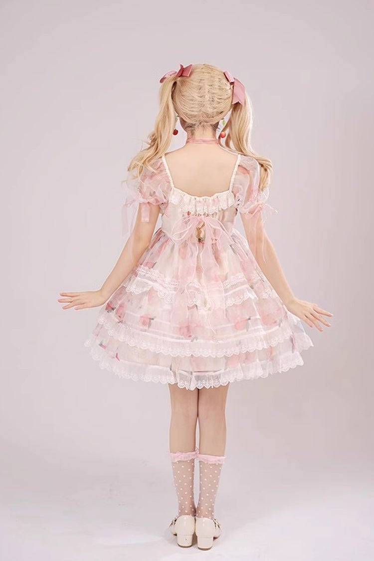 Pink Chiffon Organza Short Sleeves Multi-layer Peach Print Sweet Lolita Jsk Dress