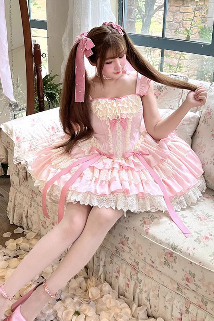 Pink Strawberry Candy Multi-Layered Ruffle Bowknot Lace Sweet Ballet Lolita Dress
