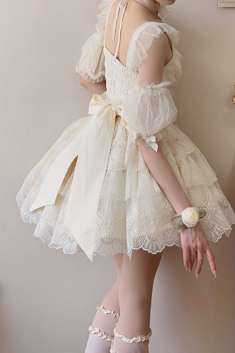 Ivory Tidal Triple-Layered Ruffle Bowknot Sweet Lolita Skirt 2 Versions