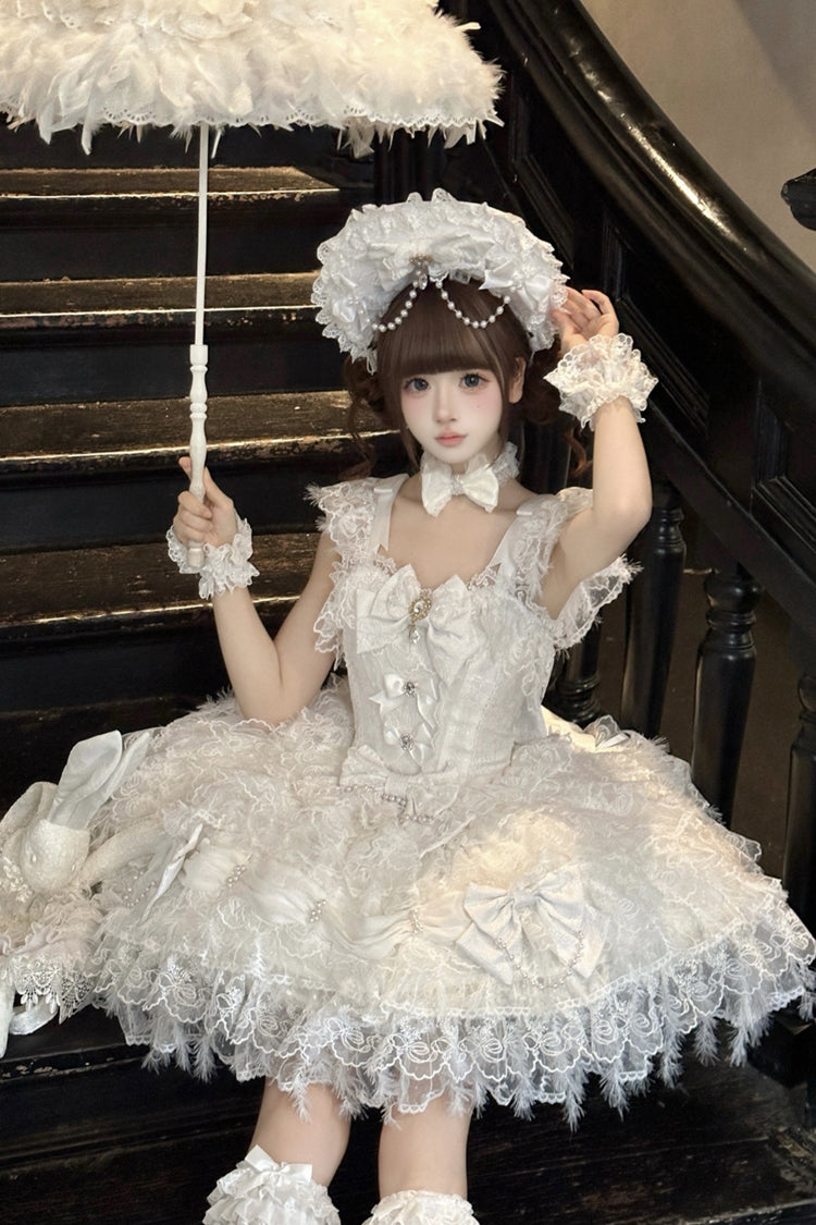 White Cloudborne Snowfeather Sleeveless Multi-Layered Hanayome Bowknot Pearl Gothic Lolita Jsk Dress