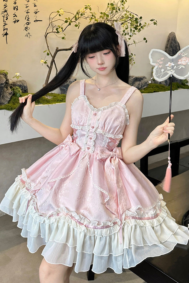 Pink Spring Flower Notes Ruffle Bowknot Lace Sweet Princess Lolita Jsk Dress