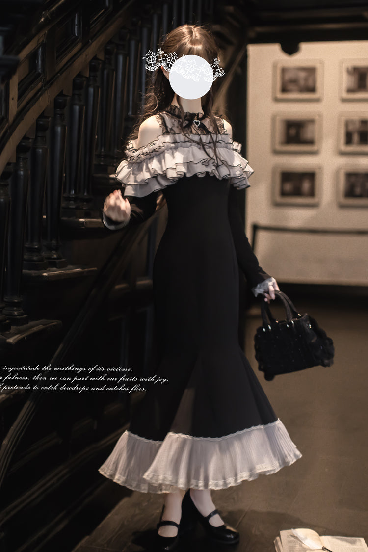Black Night Cherry Blossoms Long Sleeves Ruffle Bowknot Daily Sweet Elegant Lolita Fishtail Dress