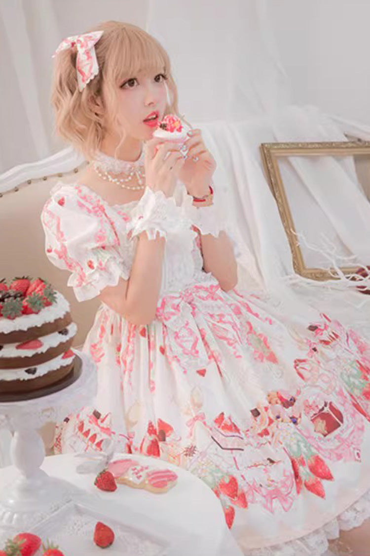 Strawberry Feast Short Sleeves Printed Ruffled Bow Sweet Lolita Dress 4 Colors
