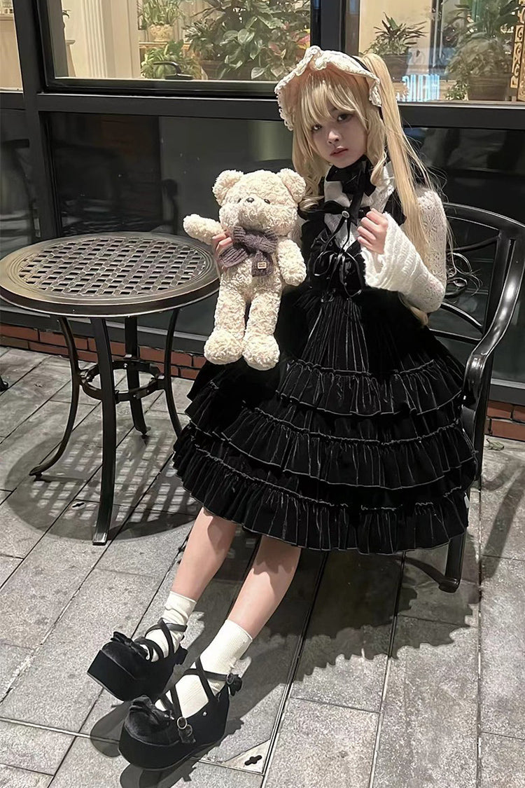 Sponge Cake Multi-Layered Ruffle Lace-Up Gothic Lolita Jsk Dress 2 Colors