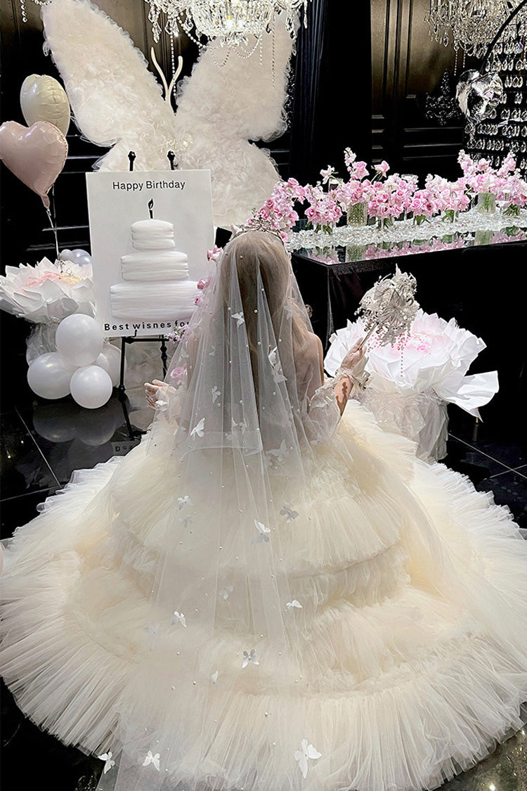 White Maiden's Love Off Shoulder Triple-Layered Ruffled Hanayome Bow Lace Sweet Princess Lolita Dress