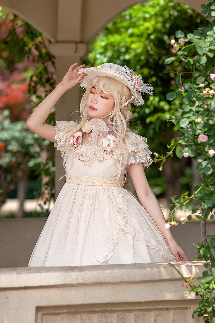 Apricot Moon goddess *Mediana* Polka Dot Print Ruffle Bowknot Asymmetric Sweet Elegant Lolita Dress