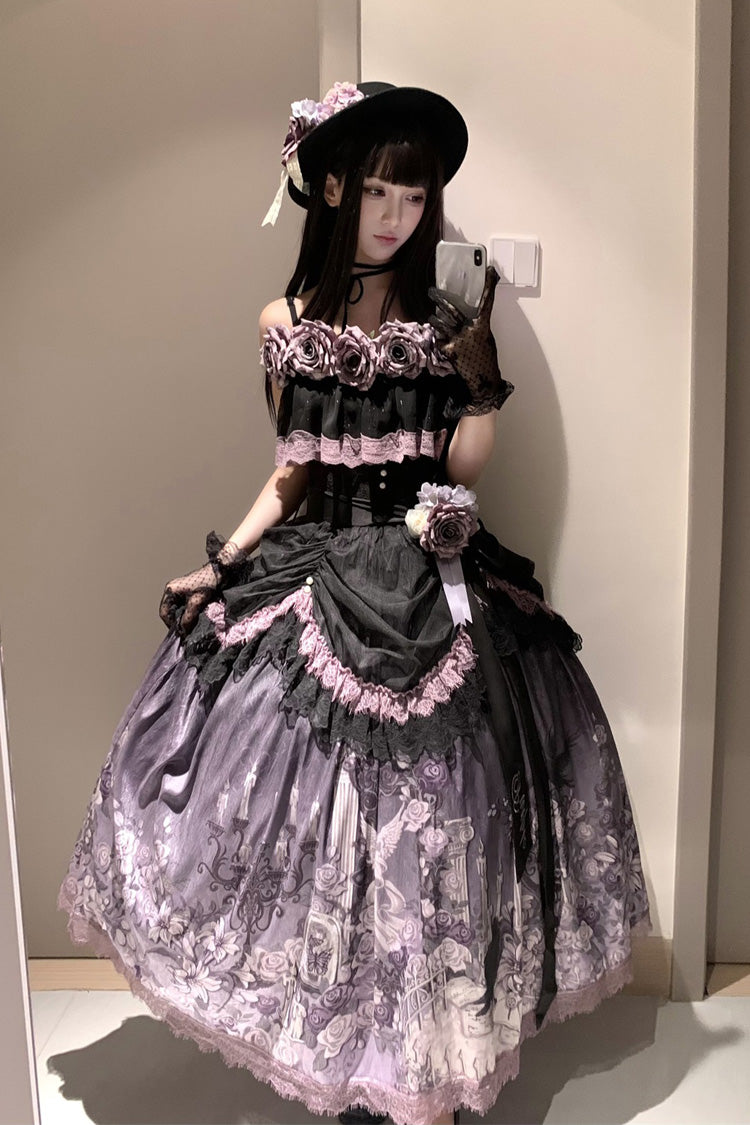 Black/Purple Angel Garden Sleeveless Print Ruffle Bowknot Lace Sweet Gothic Lolita Skirt Set