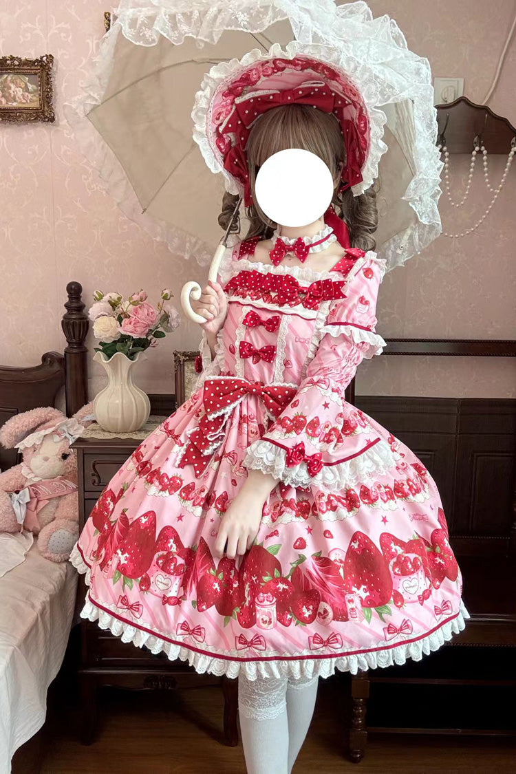 Pink Strawberry Gift Box Short Sleeves Print Ruffle Bowknot Lace Sweet Lolita Dress