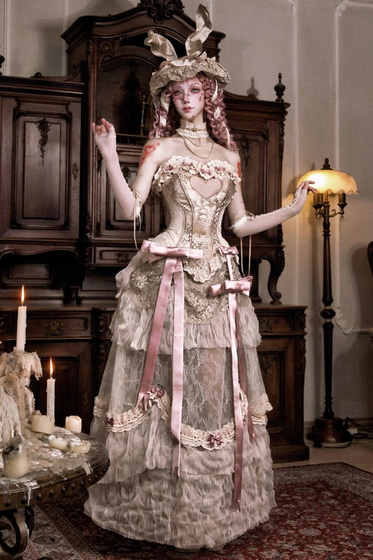 Light Brown Cupid's Poetry Box Ruffle Embroidery Bowknot Lace Classic Elegant Lolita Long Skirt