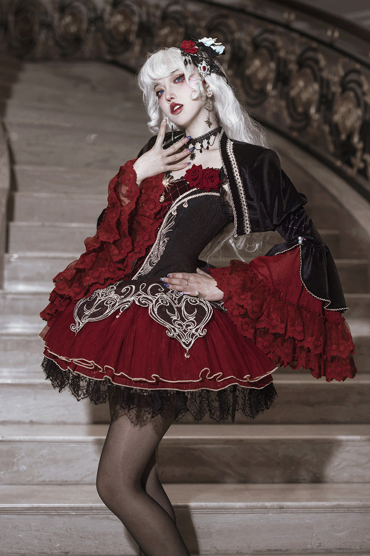 Black/Red Blood Clan Feast Ruffle Embroidery Lace Gothic Lolita Jsk Dress Set