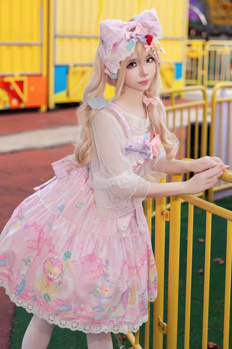 Pink Macaron Dolly House Sleeveless Print Bowknot Sweet Lolita Jsk Dress
