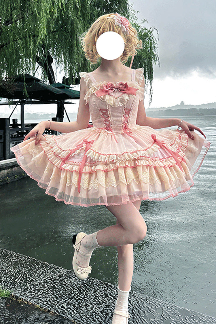 Pink Candy House Sleeveless Ruffle Bowknot Lace Lace-Up Sweet Lolita Jsk Dress