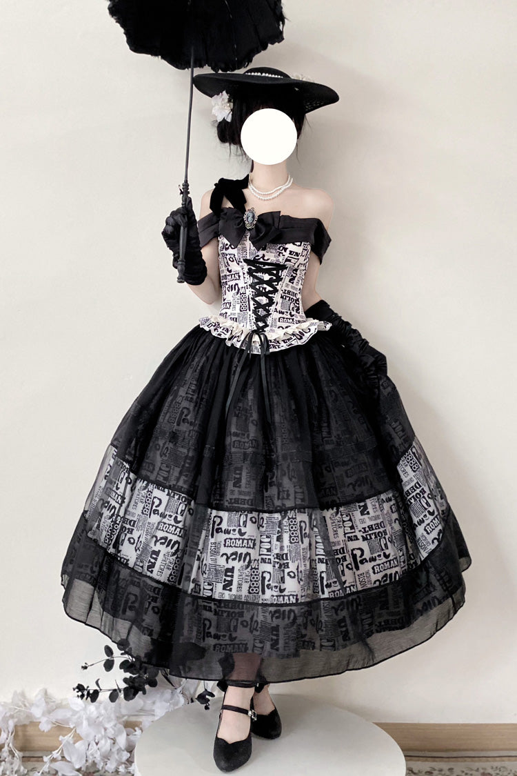 Black Pin-Up Girl Boat Neck Printed Ruffled Bow Lace-Up Asymmetric Gothic Elegant Lolita Skirt Set