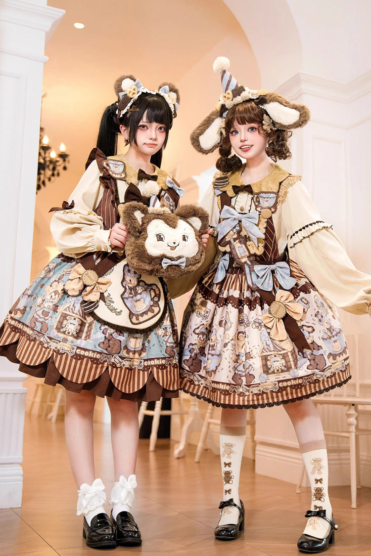 Bear Cookies Print Long Sleeves Ruffle Bowknot Sweet Lolita OP Dress 2 Colors