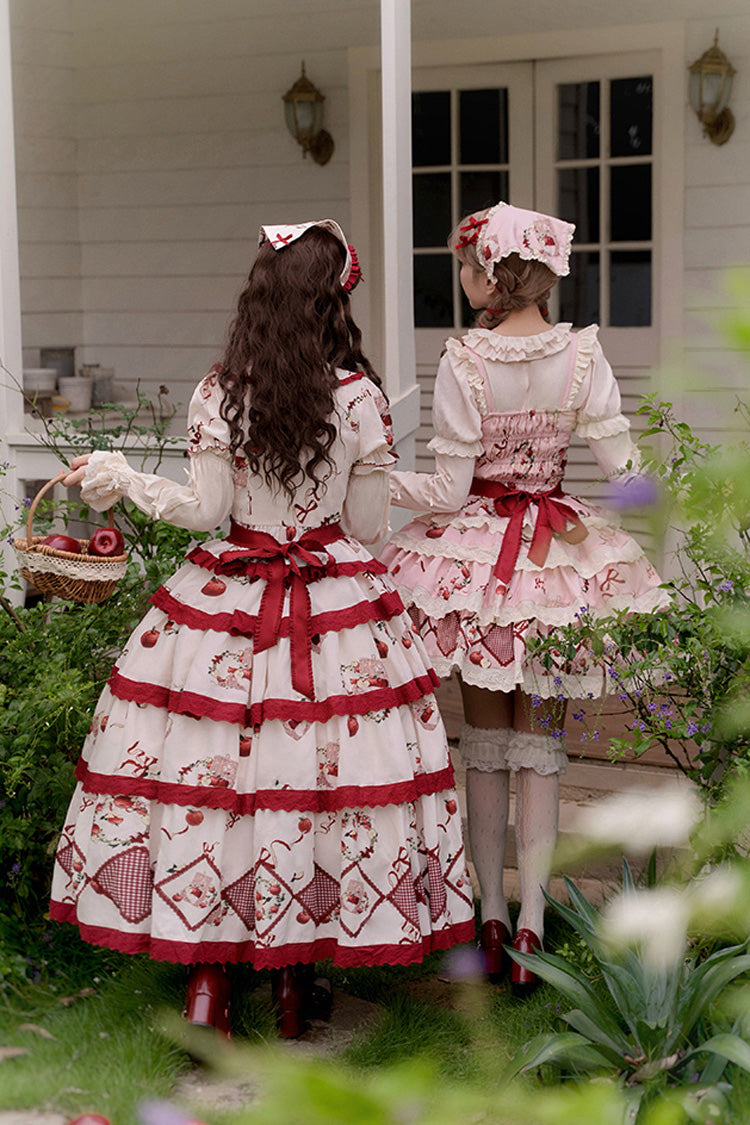 Red/Beige Triple-Layered Apple Orchard Print Ruffle Embroidery Sweet Lolita Long Skirt