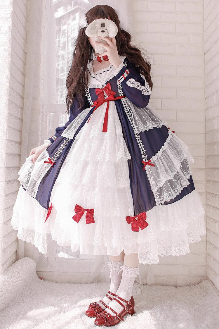 White/Blue Long Sleeves Multi-layer Ruffle Hanayome Cardigan Bowknot Sweet Princess Lolita Dress