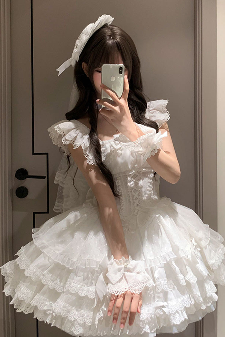 White Flory Butterfly Double-Layered Ruffle Bowknot Lace Lace-Up Sweet Ballet Lolita Jsk Dress