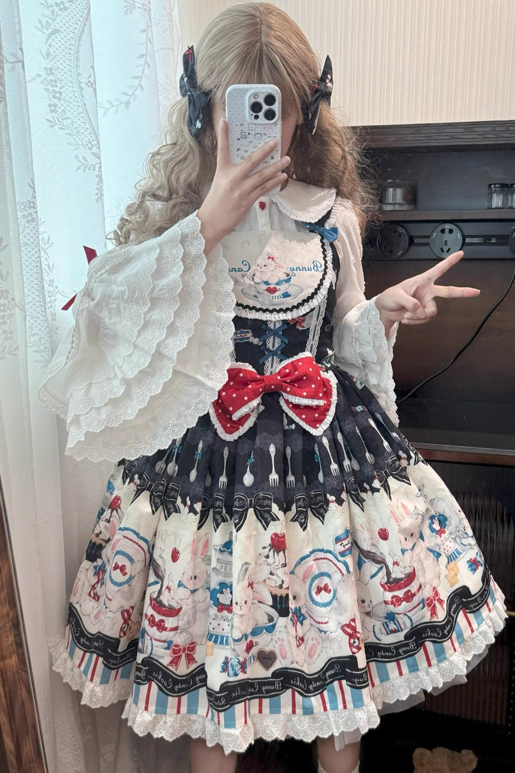 Black Mystery Rabbit Tea Party Sleeveless Print Ruffle Bowknot Lace Sweet Lolita Jsk Dress