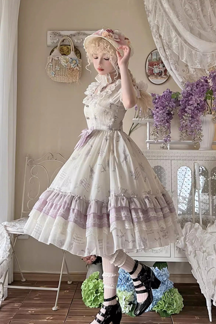 Letters and Poems Starry Bellflower Print Short Sleeve Square Neck Sweet Lolita Dress