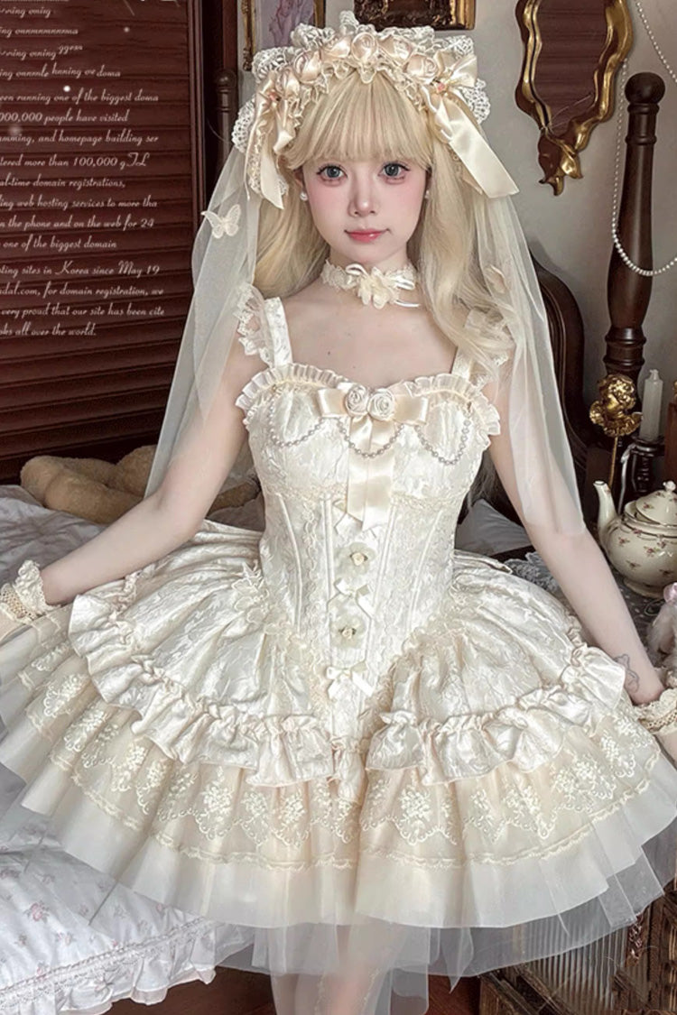 Ivory Fleeting Light and Shallow Dream Sleeveless Multi-Layered Ruffle Bowknot Lace Slim Sweet Ballet Lolita Jsk Dress
