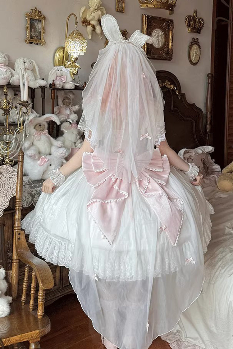 White/Pink Snow of Love Ruffled Hanayome Open-Front Bow Lace Sweet Princess Lolita Dress