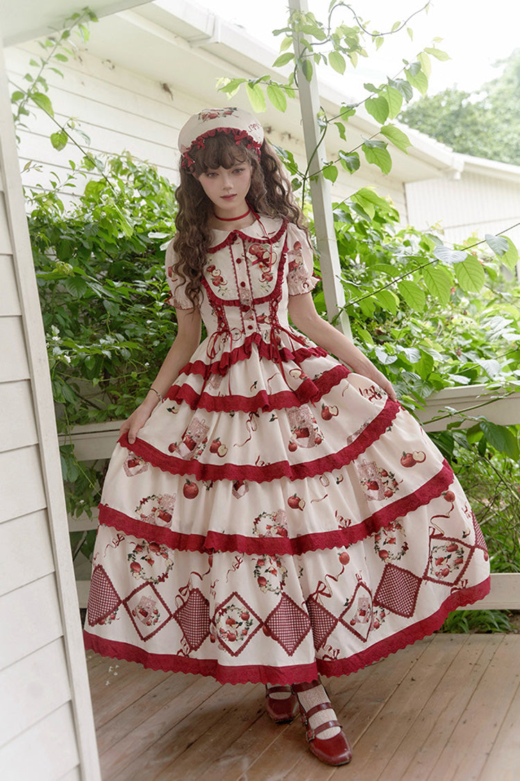 Red/Beige Triple-Layered Apple Orchard Print Ruffle Embroidery Sweet Lolita Long Skirt