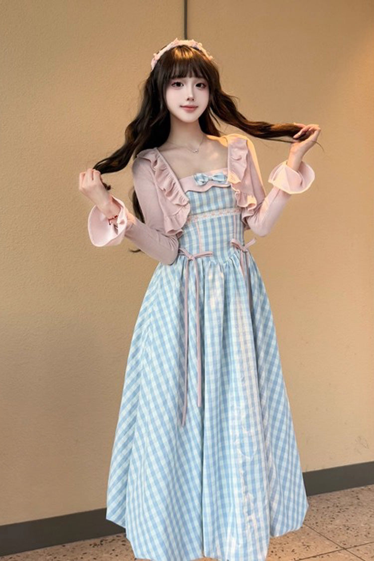 Blue Sea Salt Strawberries Sleeveless Plaid Print Bowknot Sweet Lolita Jsk Long Dress