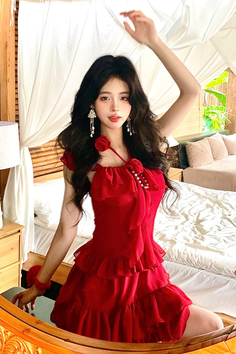 Red Summer Seaside Short Sleeves Triple-Layered Ruffle Bowknot Irregular Holiday Style Sweet Lolita Dress