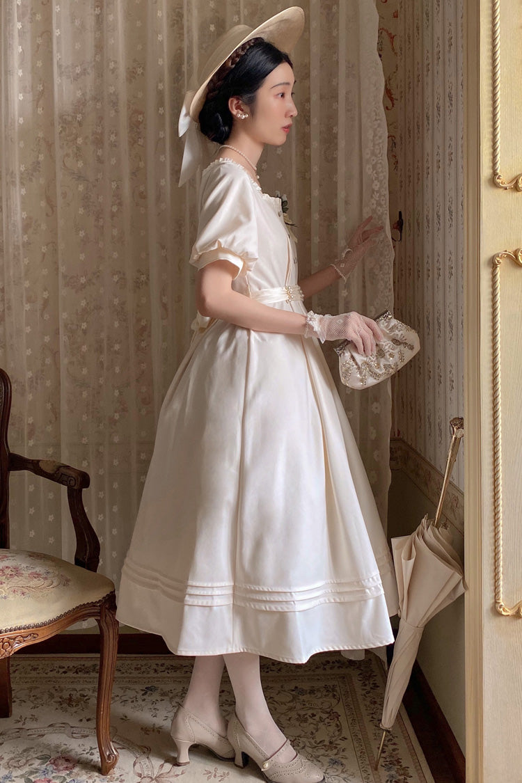 Apricot Random Thoughts Square Collar Short Sleeves Ruffle Classic Vintage Elegant Lolita Dress