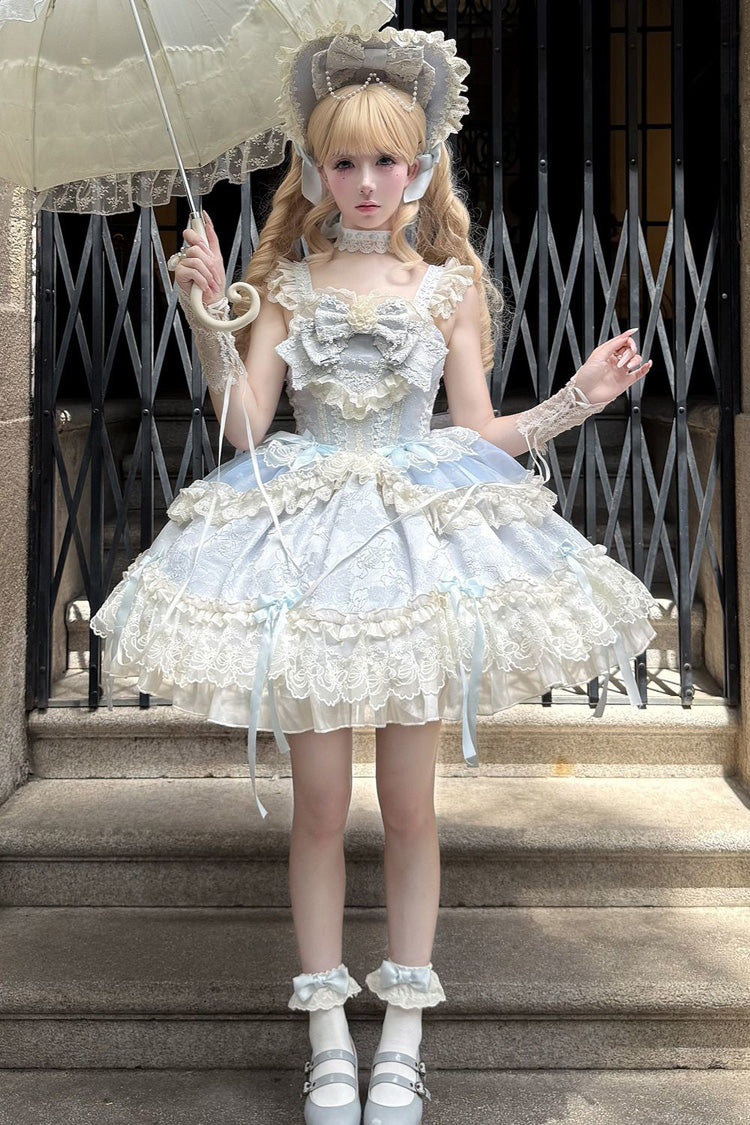 Blue Blossoming Heart Love  Sleeveless Dark Jacquard Print Bowknot Lace Sweet Lolita Jsk Dress