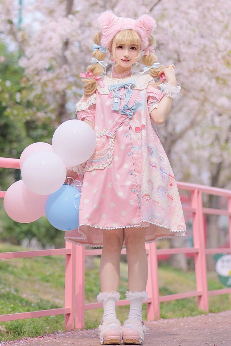 Cake Chocolate Dessert Print Short Sleeves Ruffle Bowknot Sweet Lolita Dress 2 Colors