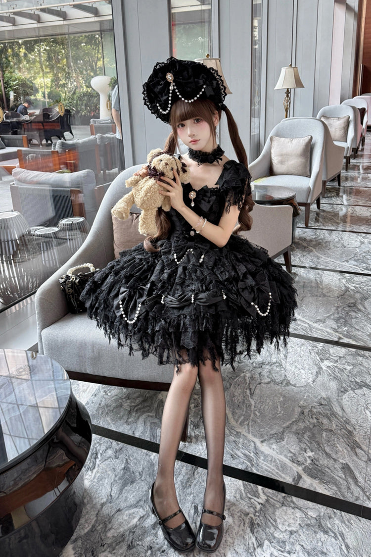 Black Cloudborne Snowfeather Sleeveless Multi-Layered Hanayome Bowknot Pearl Gothic Lolita Jsk Dress