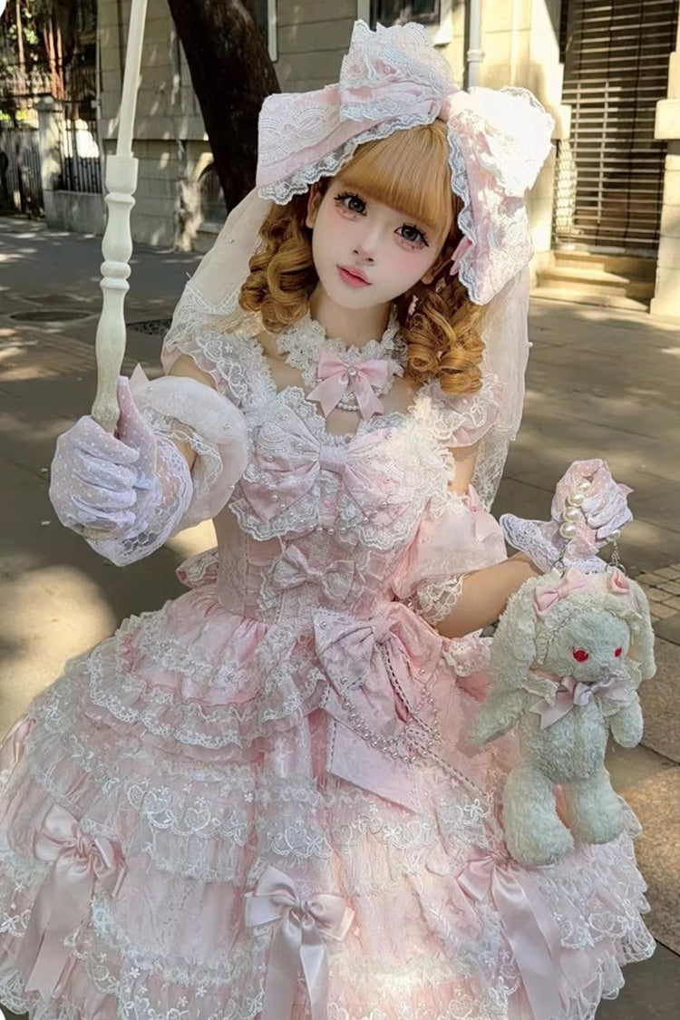 Pink Dream of the Misty Moon Sleeveless Multi-Layered Ruffled Bow Lace Pearl-Decorated Sweet Princess Lolita Jsk Dress
