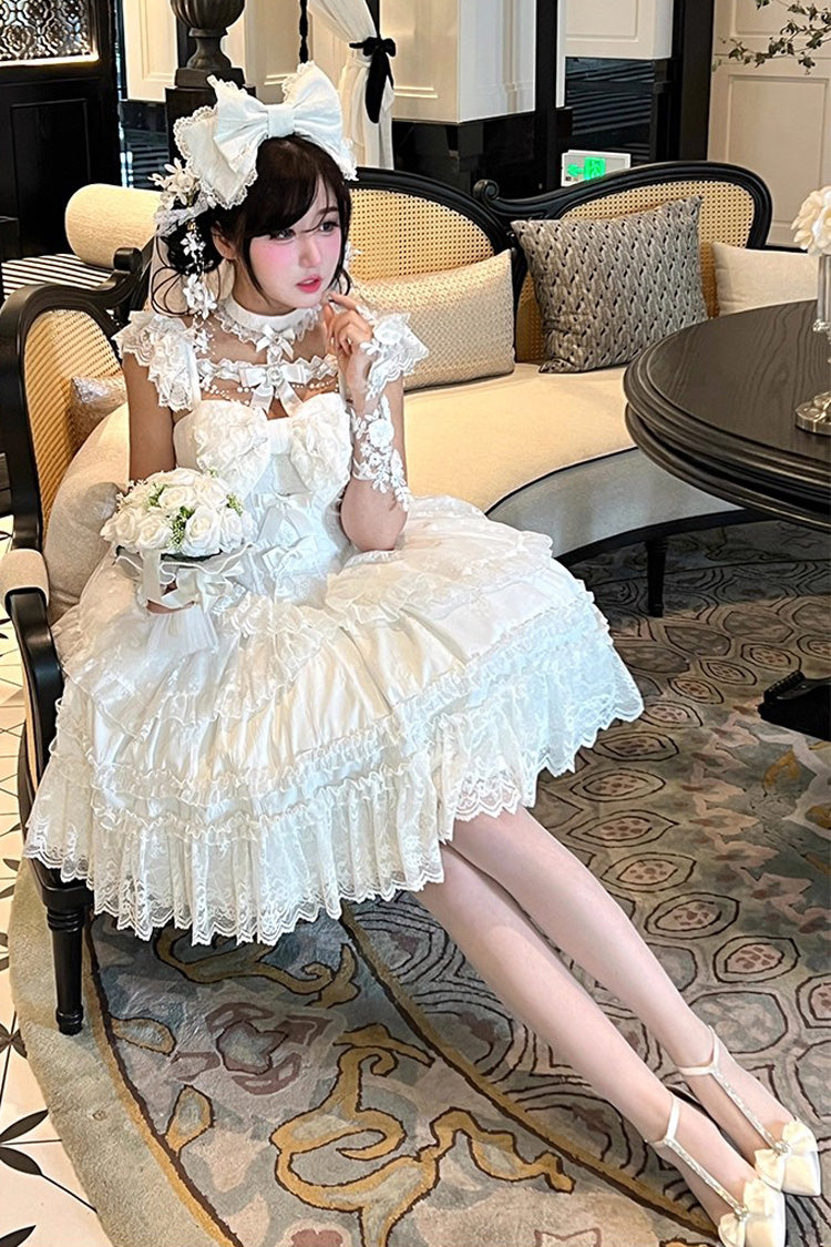 White Jewelry Love Story Halterneck Ruffle Hanayome Bowknot Lace Gothic Lolita Dress