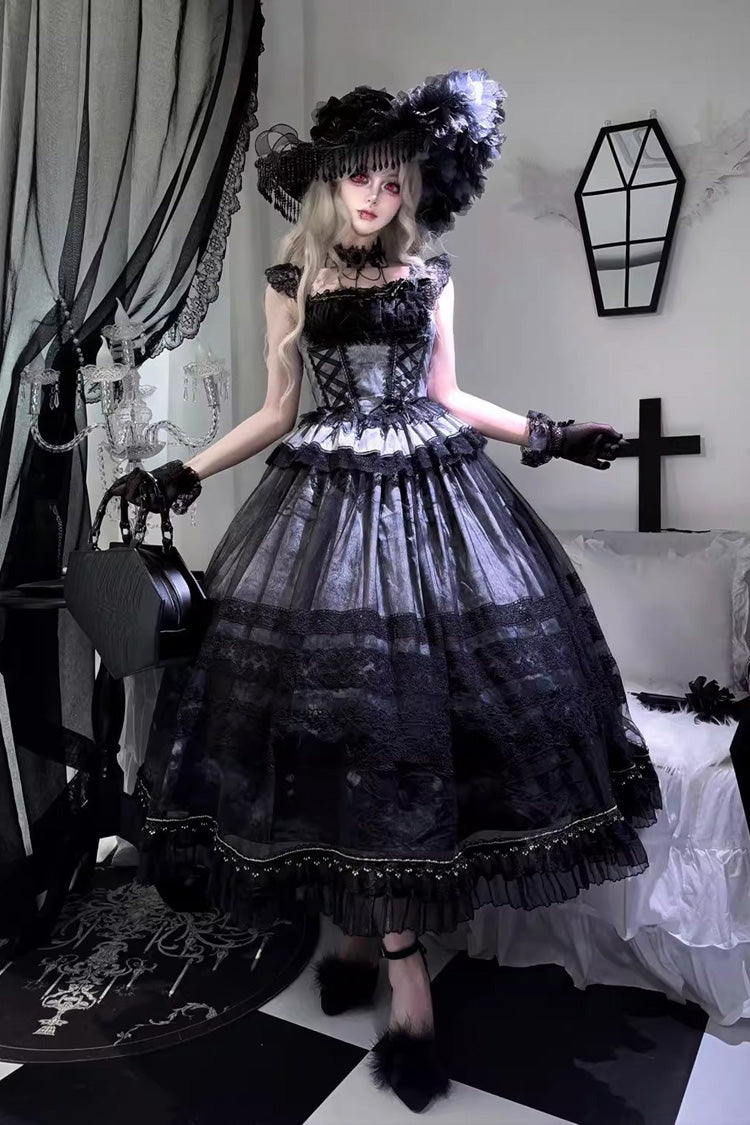 Grey/Blue Mist-shrouded Vineyard Sleeveless Ruffle Bowknot Lace-Up Sweet Lolita Jsk Skirt Dress Set