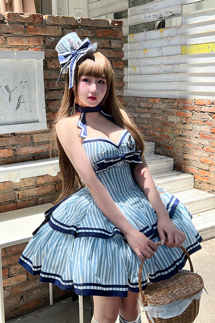 Blue Sailing Sweetheart Double-Layered Vertical Stripes Print Ruffle Bowknot Sweet Lolita Dress