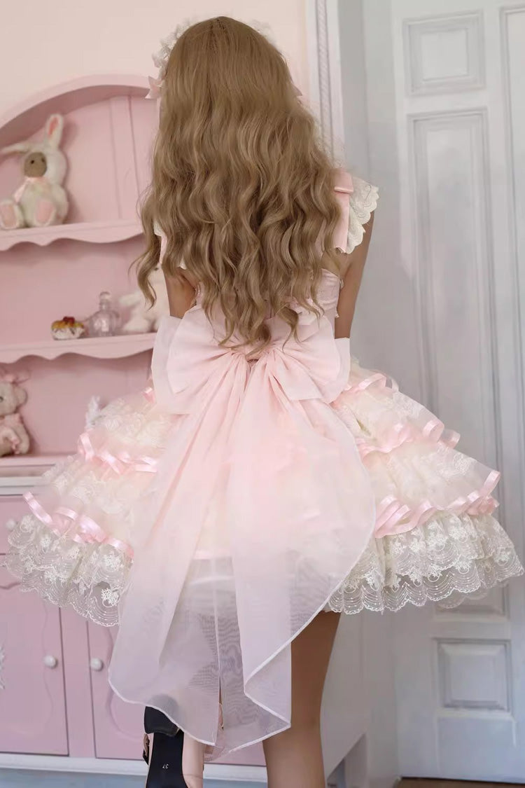 Pink Rose Feather Waltz Sleeveless Triple-Layered Ruffle Bowknot Lace Sweet Ballet Lolita Jsk Dress